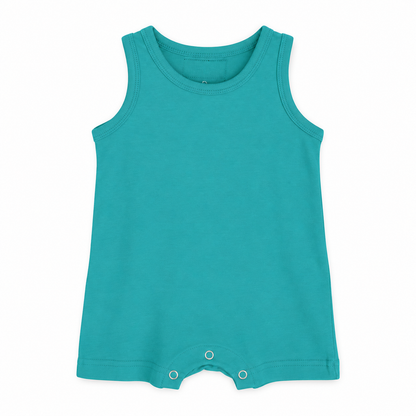 Modern Burlap organic baby tank romper in Arcadia, full front studio view without hanger