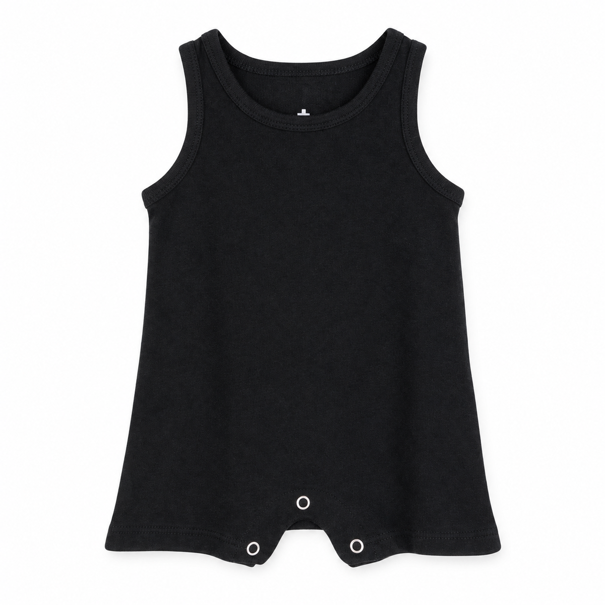 Modern Burlap organic baby tank romper in Black, full front studio view without hanger
