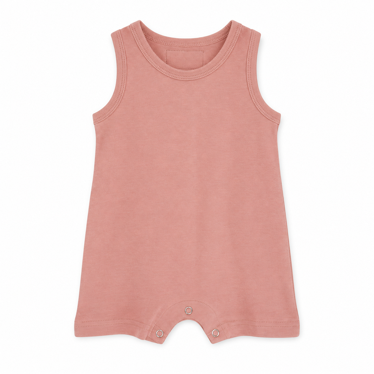 Modern Burlap organic baby tank romper in Blooming Dahlia, full front studio view without hanger