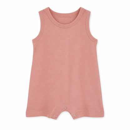 Modern Burlap organic baby tank romper in Blooming Dahlia, full front studio view without hanger