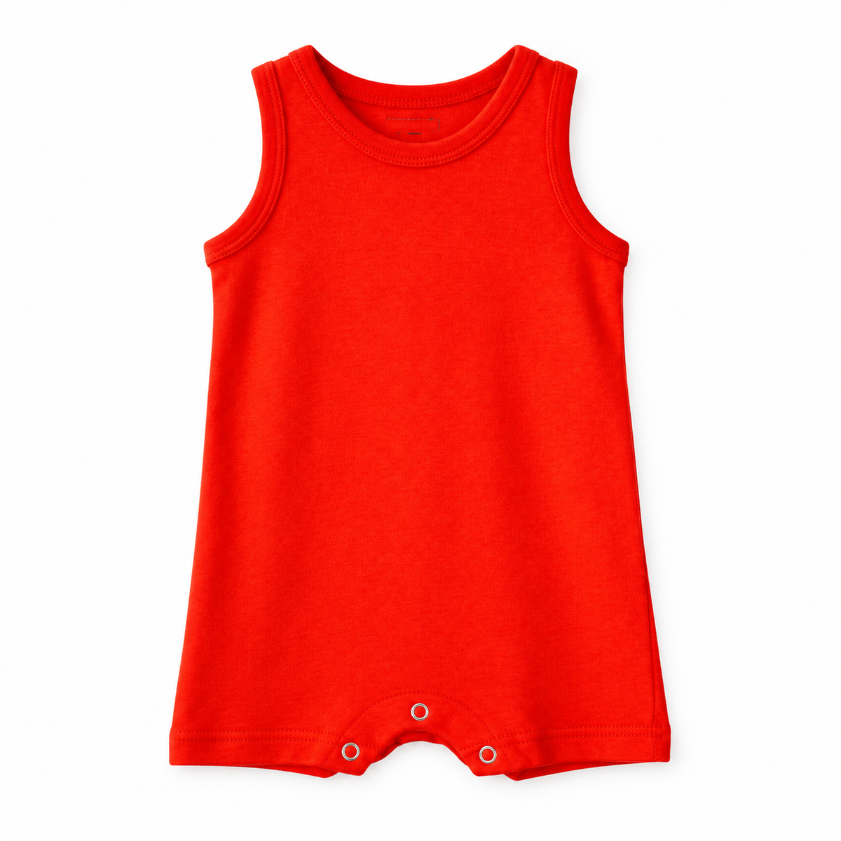 Modern Burlap organic baby tank romper in Cherry Tomato, full front studio view without hanger