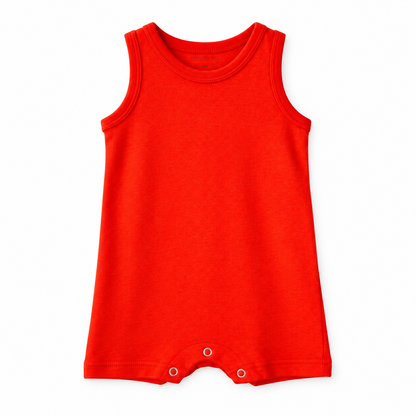Modern Burlap organic baby tank romper in Cherry Tomato, full front studio view without hanger
