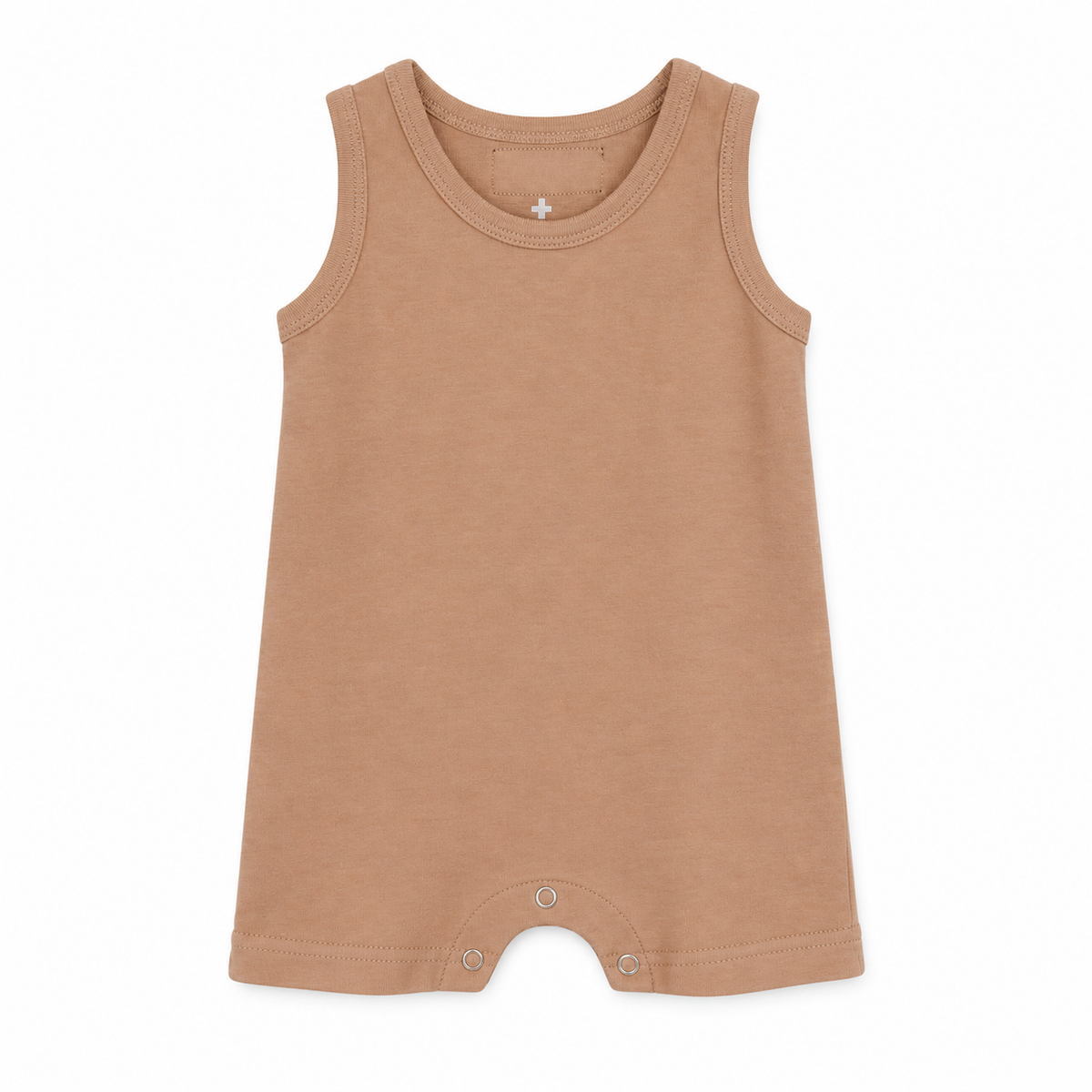 Modern Burlap organic baby tank romper in Ginger, full front studio view without hanger