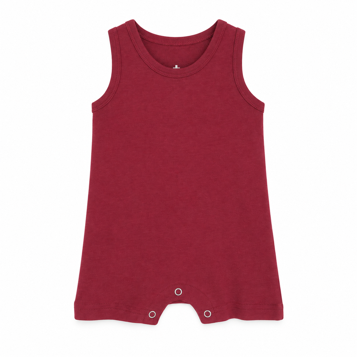 Modern Burlap organic baby tank romper in Maroon, full front studio view without hanger