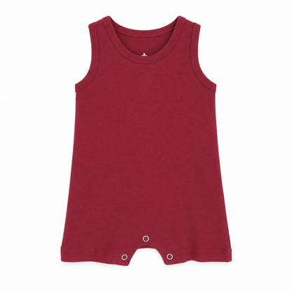 Modern Burlap organic baby tank romper in Maroon, full front studio view without hanger