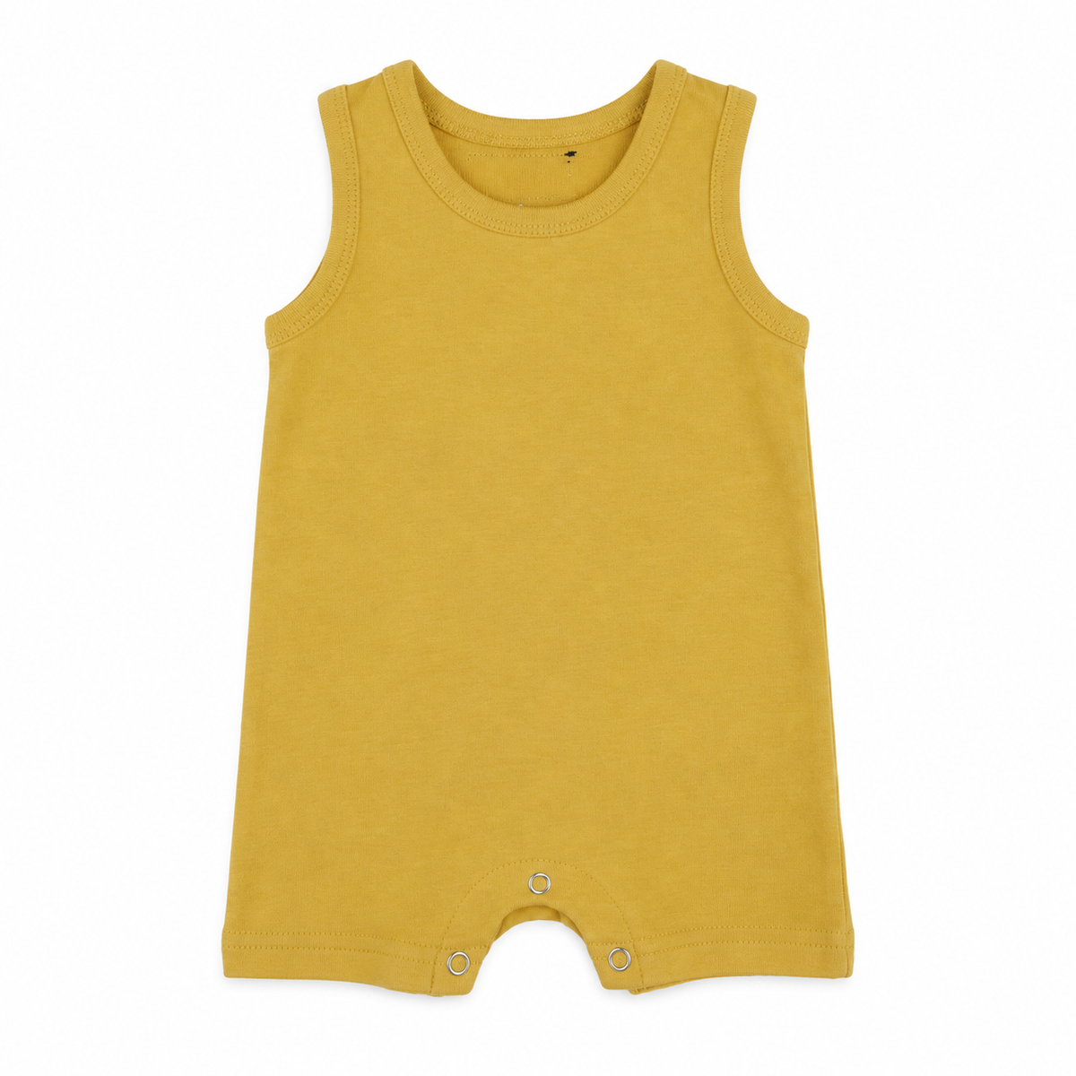 Modern Burlap organic baby tank romper in Mustard, full front studio view without hanger