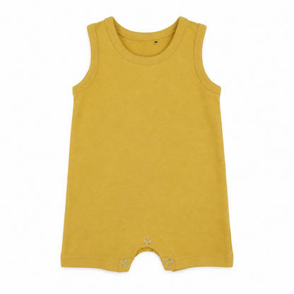 Modern Burlap organic baby tank romper in Mustard, full front studio view without hanger