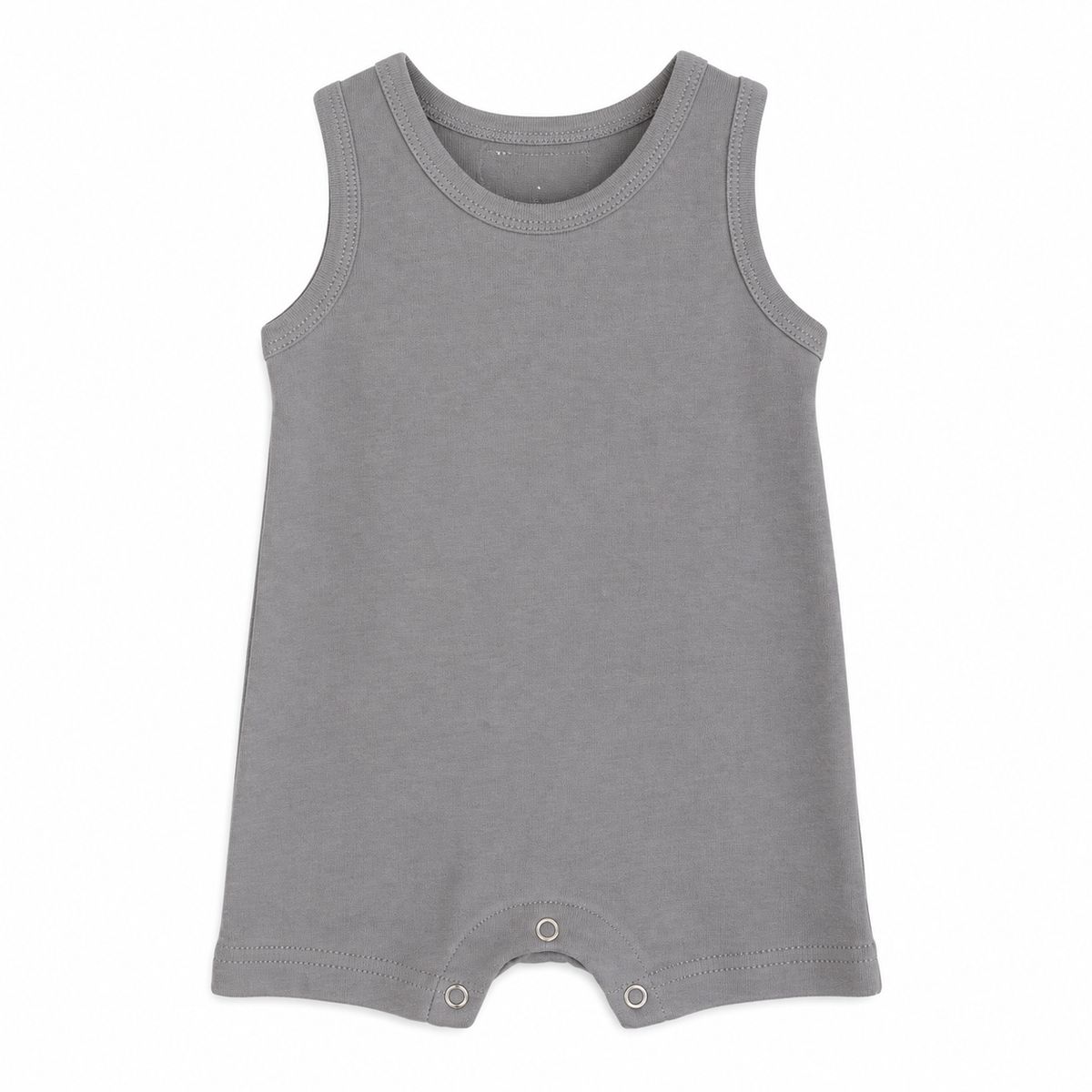 Modern Burlap organic baby tank romper in Neutral Gray, full front studio view without hanger