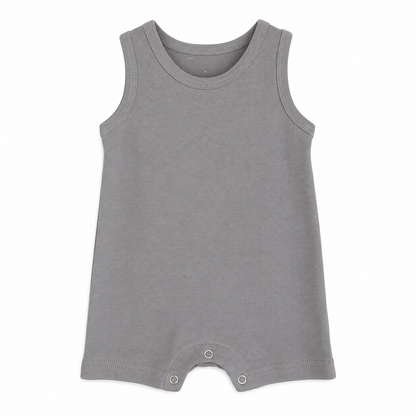 Modern Burlap organic baby tank romper in Neutral Gray, full front studio view without hanger