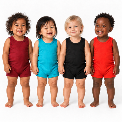Four toddlers standing in Modern Burlap organic tank rompers in Maroon, Arcadia, Black, and Cherry Tomato