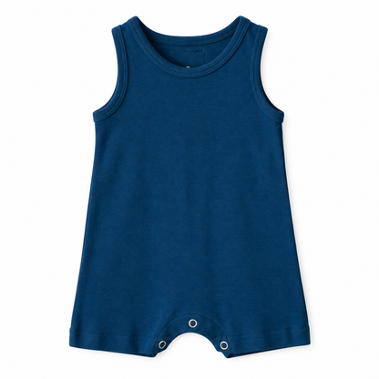 Modern Burlap organic baby tank romper in Sailor Blue, full front studio view without hanger