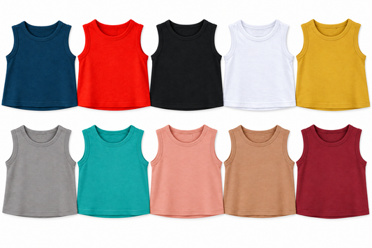 Organic baby and kids tanks in all ten solid colors, arranged in two rows on white.