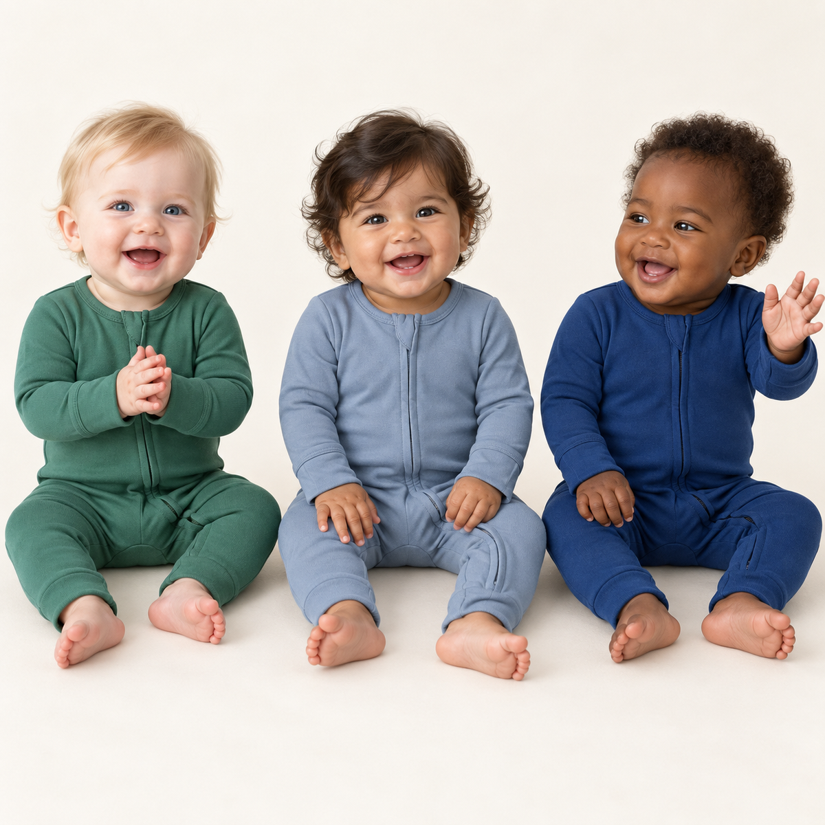 Three babies wearing Pine Green, Tradewinds and Navy Peony organic zip coveralls; AI-generated studio image.