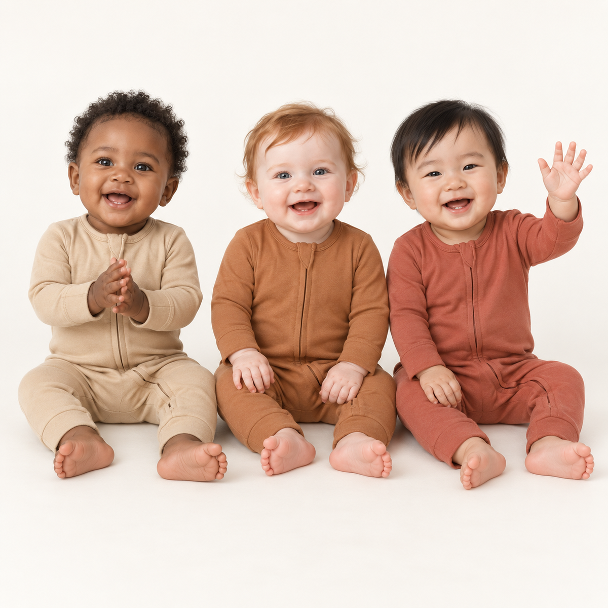 Three babies wearing Hazelnut, Ginger and Aragon organic zip coveralls; AI-generated studio image.