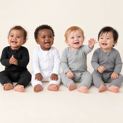 Four babies wearing Black, White, Silver and Neutral Gray organic zip coveralls; AI-generated studio image.