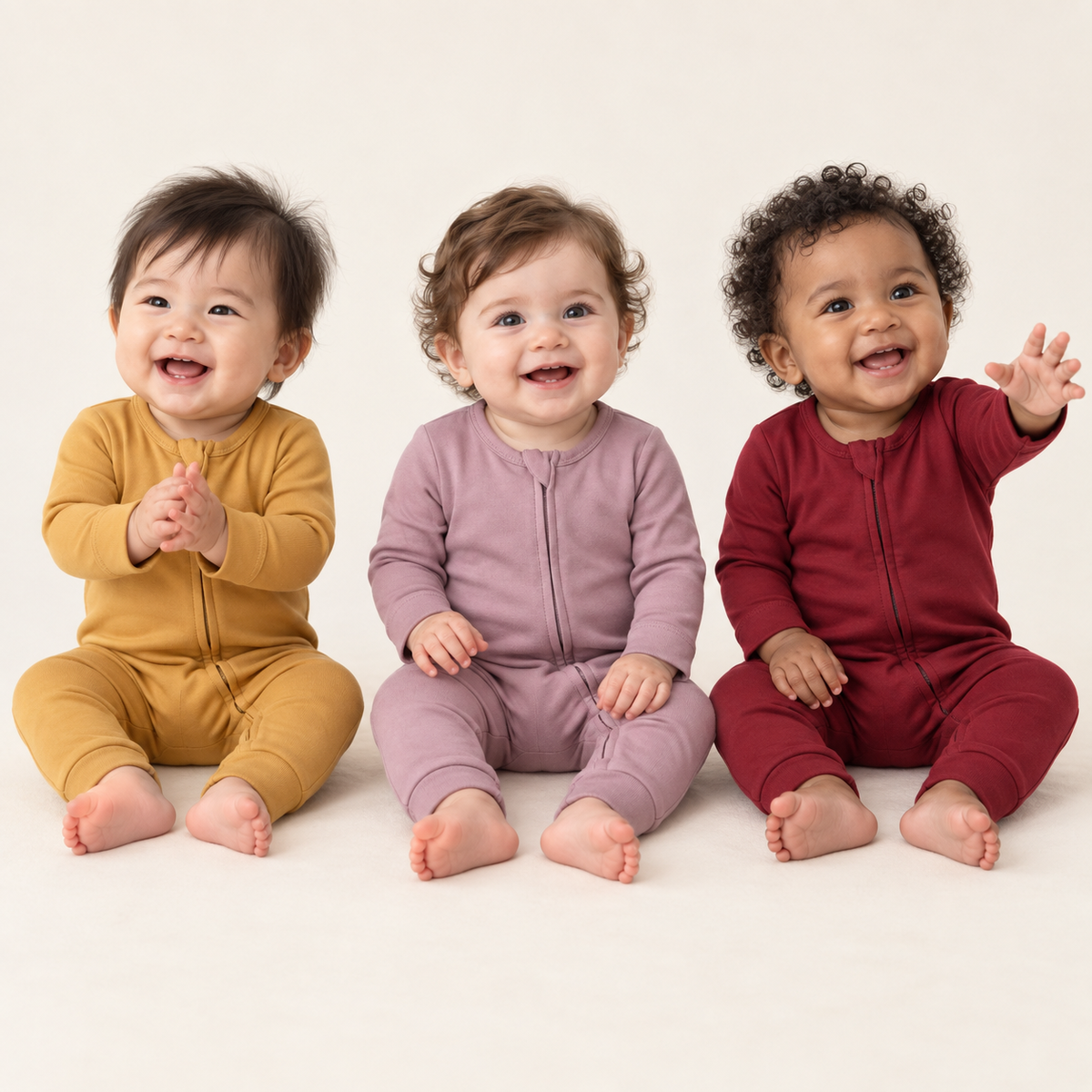 Three babies wearing Honey, Mauve and Maroon organic zip coveralls; AI-generated studio image.