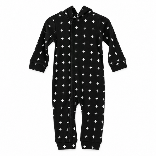 White on Black Swiss Cross hooded zip coverall — front studio view