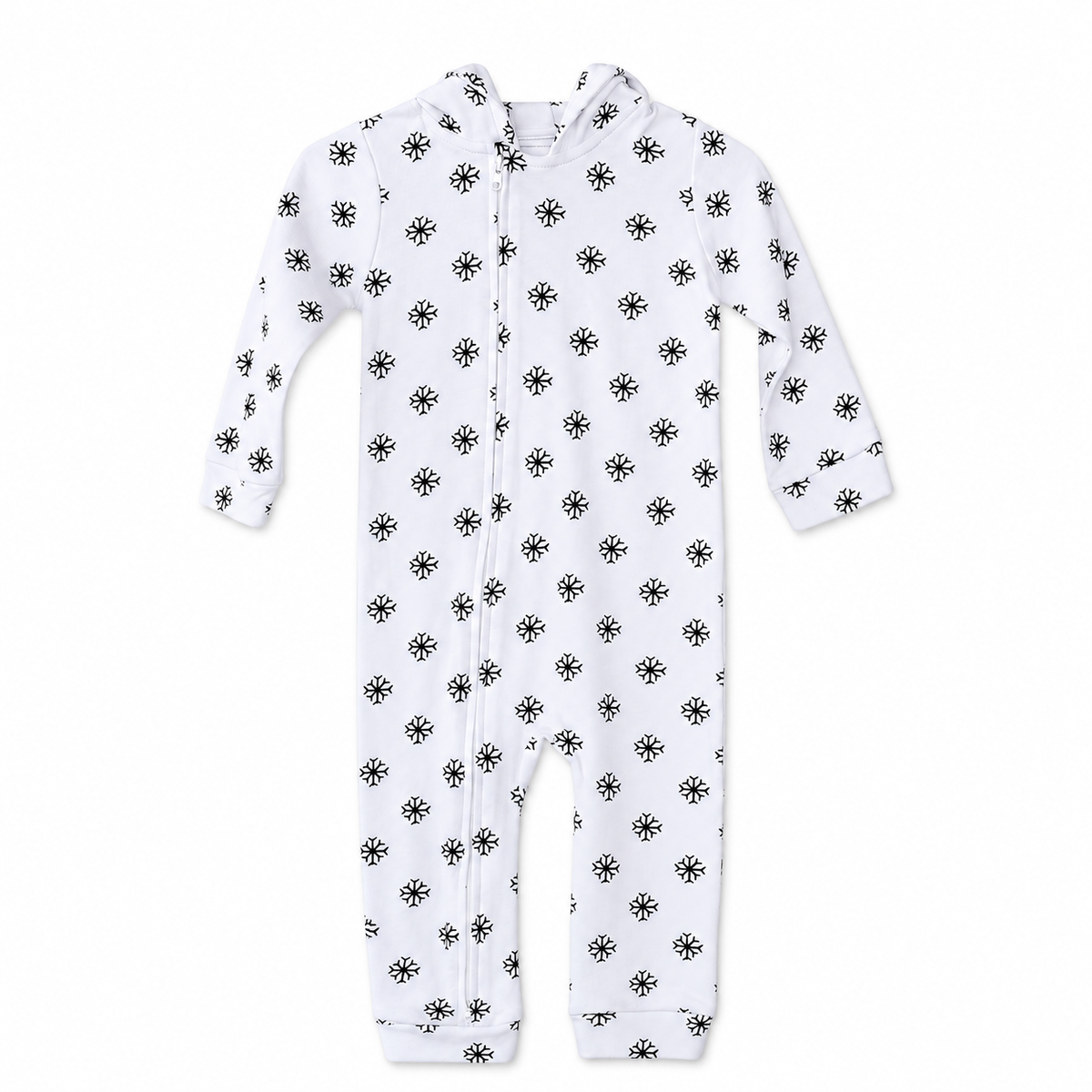 Black on White Snowflakes hooded zip coverall — front studio view