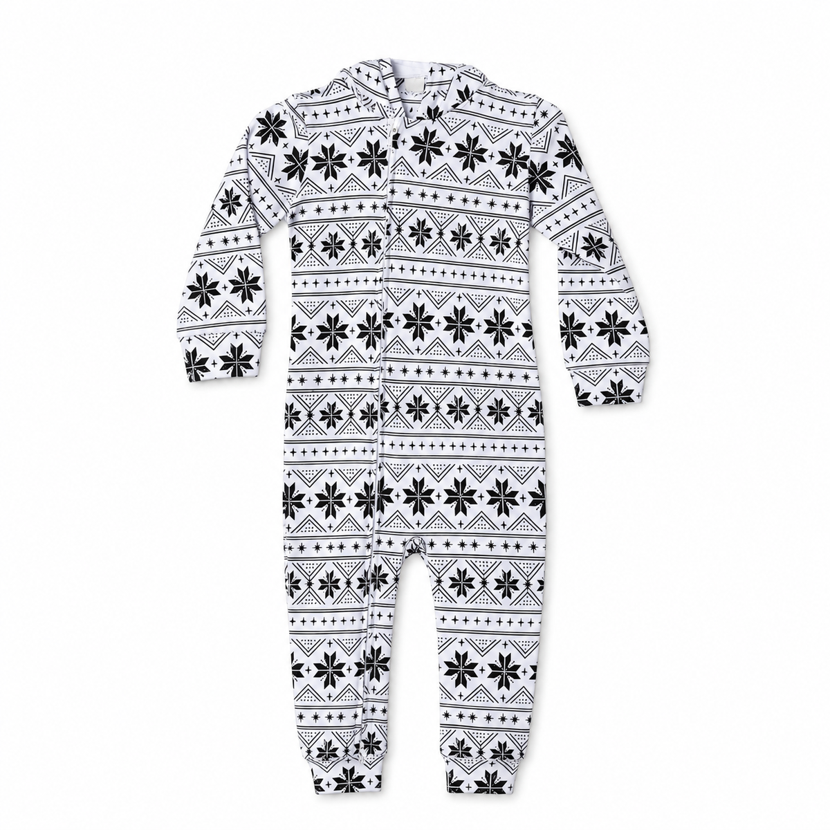 Black on White Nordic Winter hooded zip coverall — front studio view