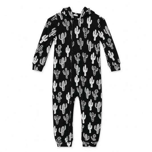 White on Black Cactus hooded zip coverall — front studio view