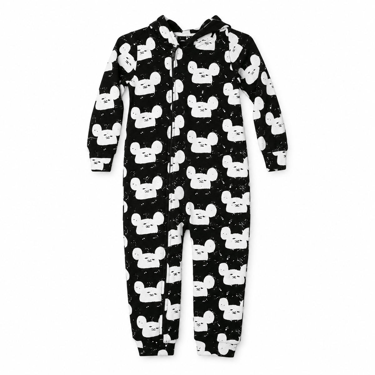 White on Black Modern Mouse hooded zip coverall — front studio view
