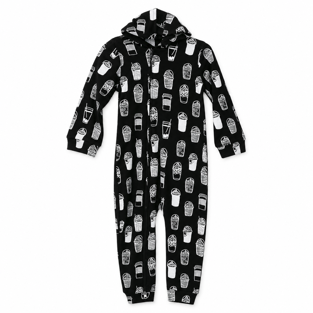 White on Black Coffee Love hooded zip coverall — front studio view