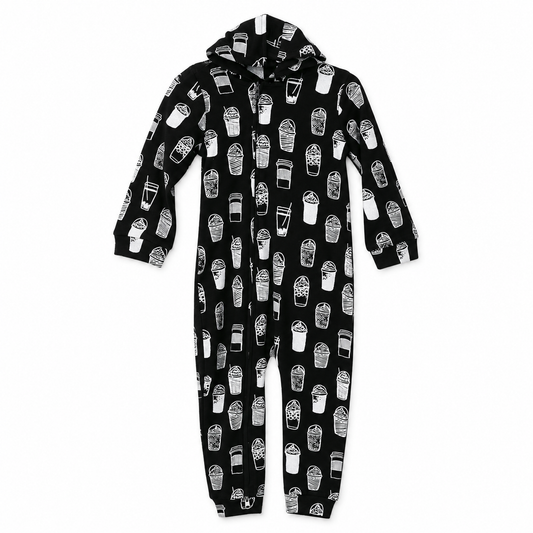 White on Black Coffee Love hooded zip coverall — front studio view