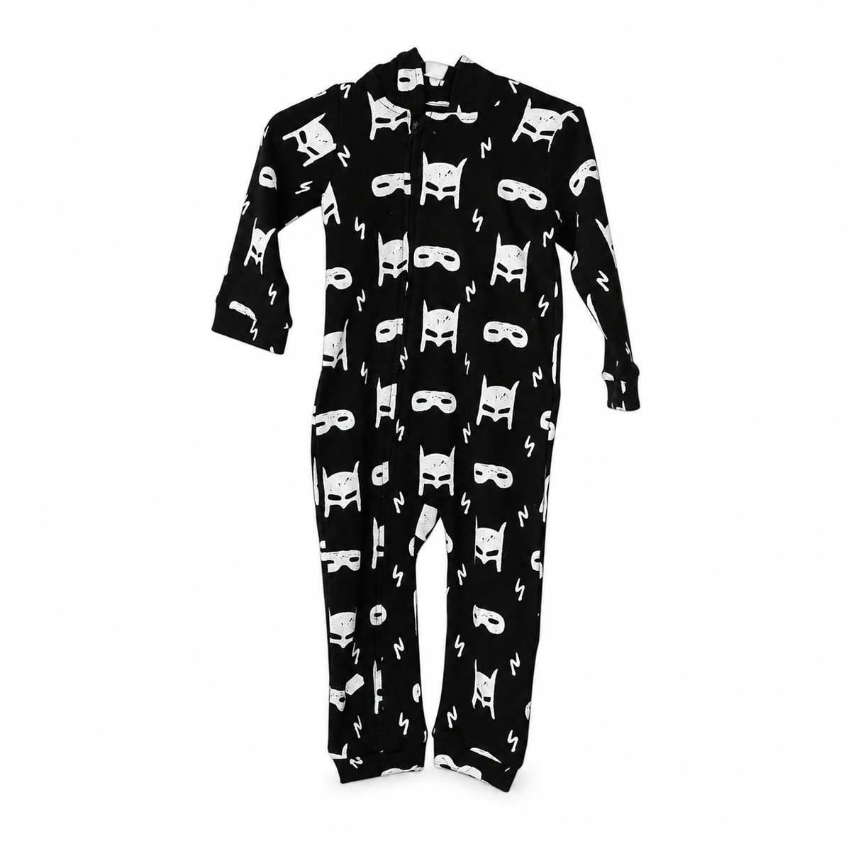 White on Black Hero Struck hooded zip coverall — front studio view