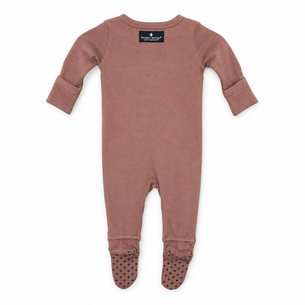 Organic baby two-way zip footie in Burlwood, back studio view with fold-over cuffs and cross foot grips