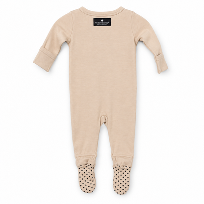 Organic baby two-way zip footie in Shifting Sand, back studio view with fold-over cuffs and cross foot grips
