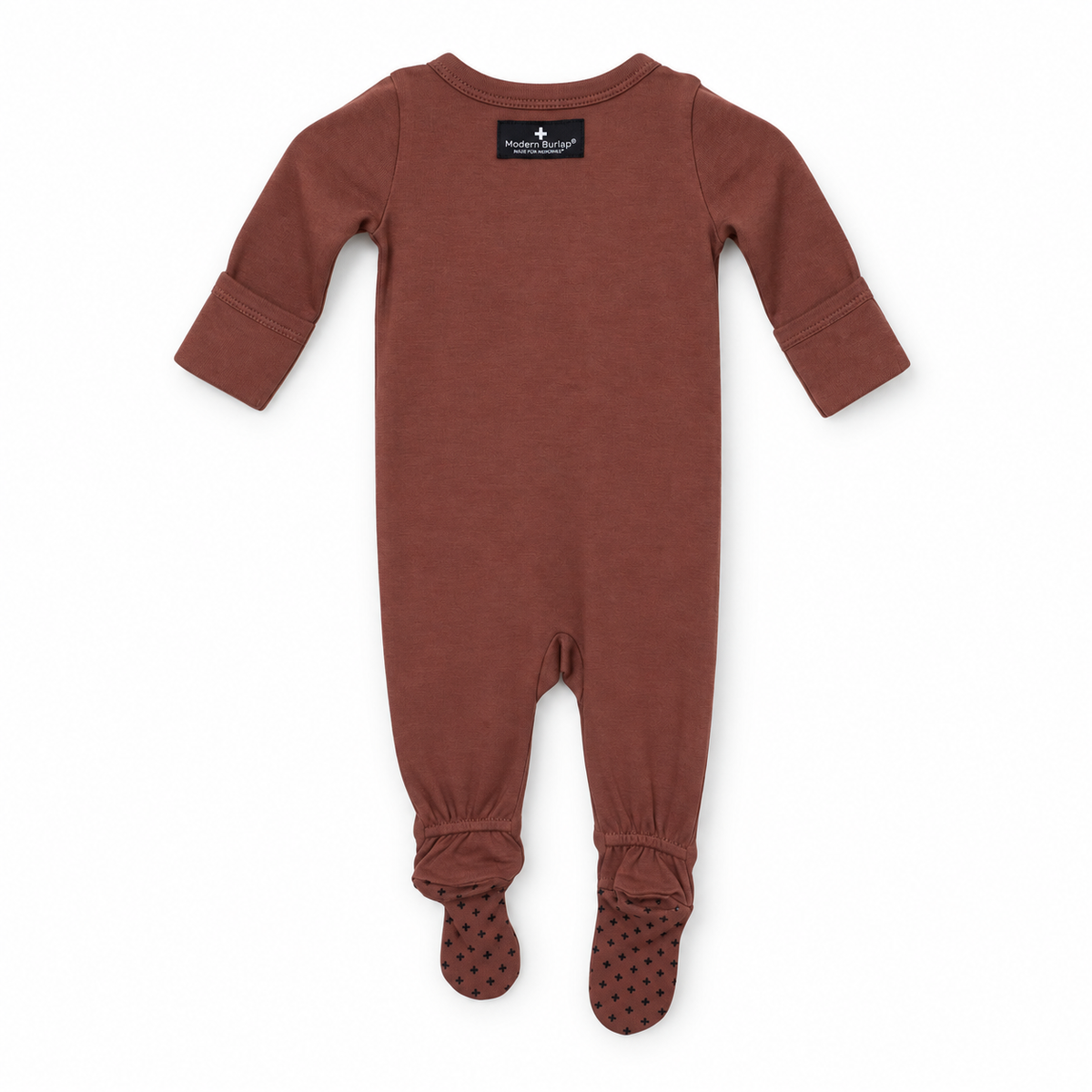 Organic baby two-way zip footie in Nutmeg, back studio view with fold-over cuffs and cross foot grips