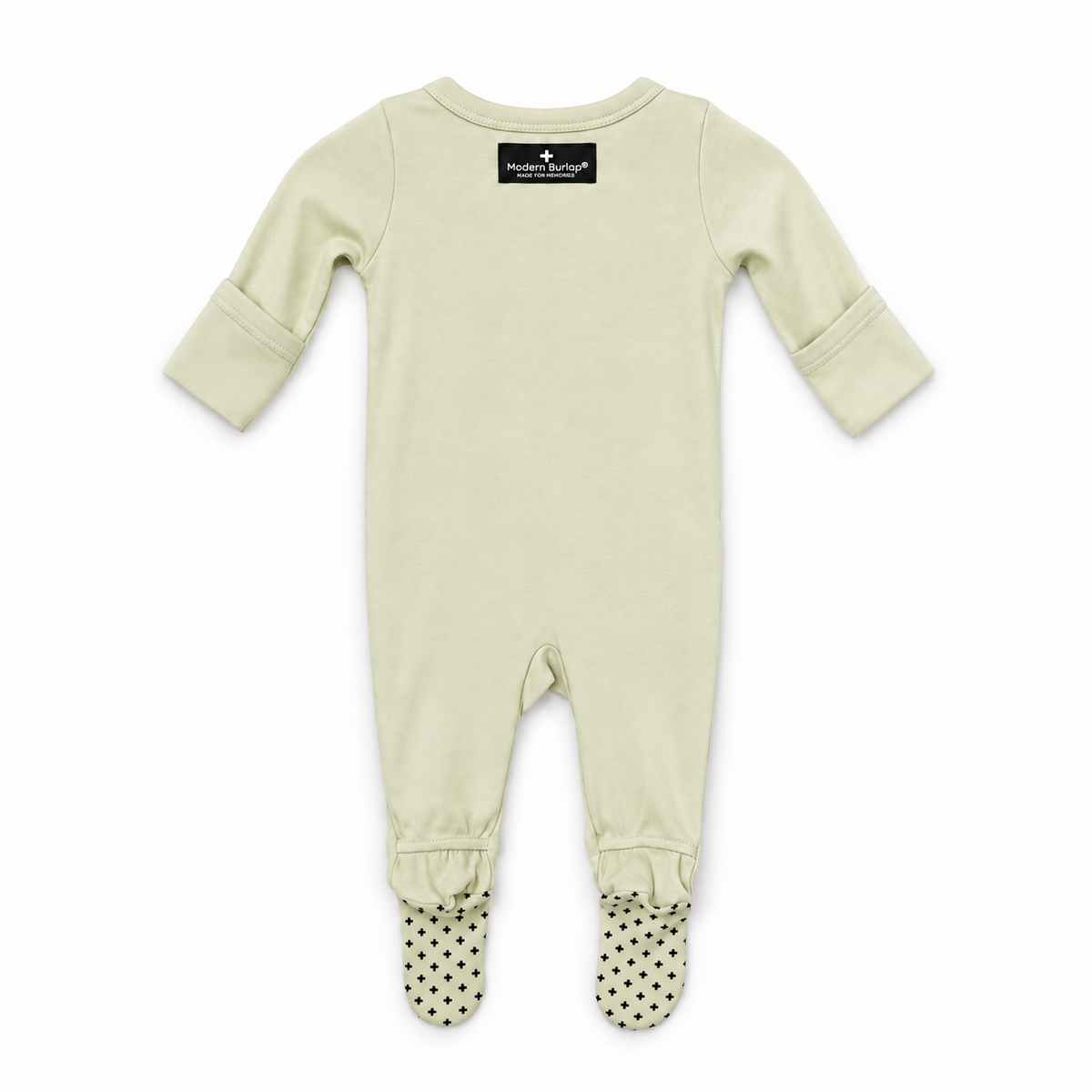 Organic baby two-way zip footie in Asparagus Green, back studio view with fold-over cuffs and cross foot grips