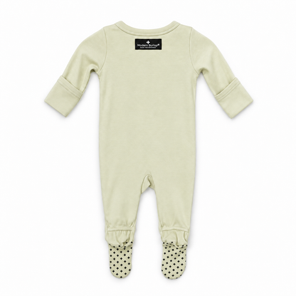 Organic baby two-way zip footie in Asparagus Green, back studio view with fold-over cuffs and cross foot grips