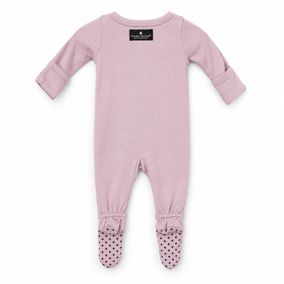 Organic baby two-way zip footie in Burnished Lilac, back studio view with fold-over cuffs and cross foot grips