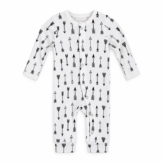 Organic Baby Button Coverall | Signature Prints | Newborn / B+W Arrows © — studio product view