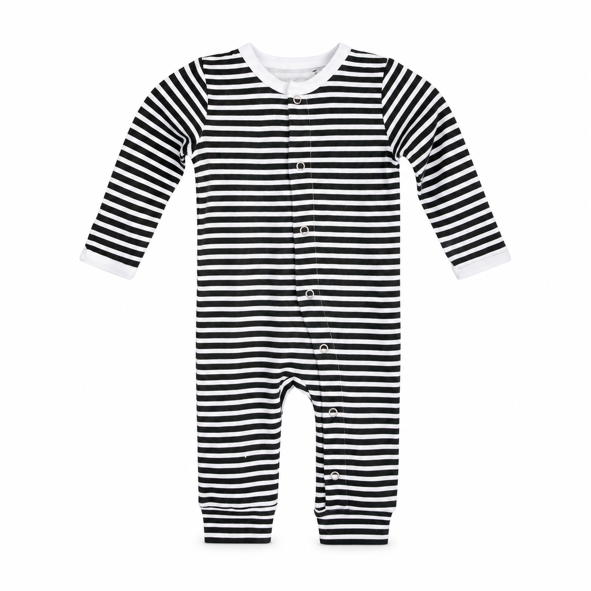 Organic Baby Button Coverall | Signature Prints | Newborn / B+W Stripes — studio product view