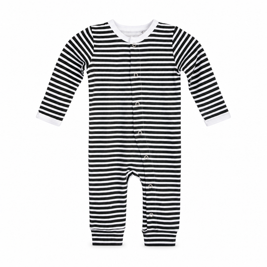 Organic Baby Button Coverall | Signature Prints | Newborn / B+W Stripes — studio product view