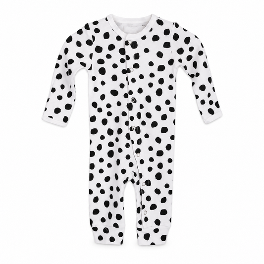 Organic Baby Button Coverall | Signature Prints | Newborn / B+W Spots © — studio product view