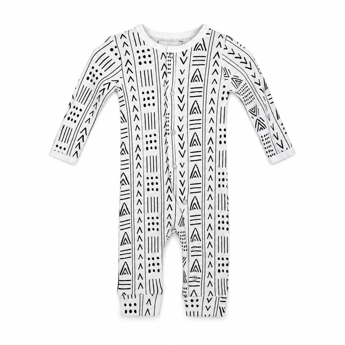 Organic Baby Button Coverall | Signature Prints | Newborn / B+W Mud Cloth © — studio product view