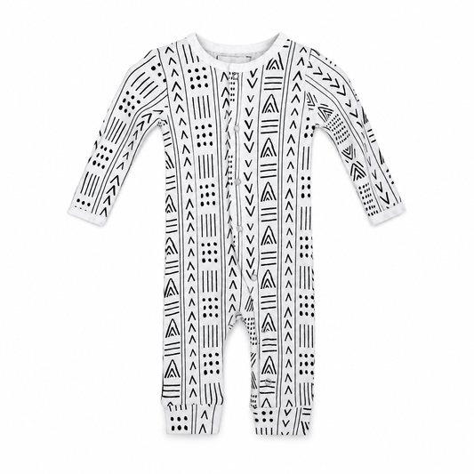 Organic Baby Button Coverall | Signature Prints | Newborn / B+W Mud Cloth © — studio product view