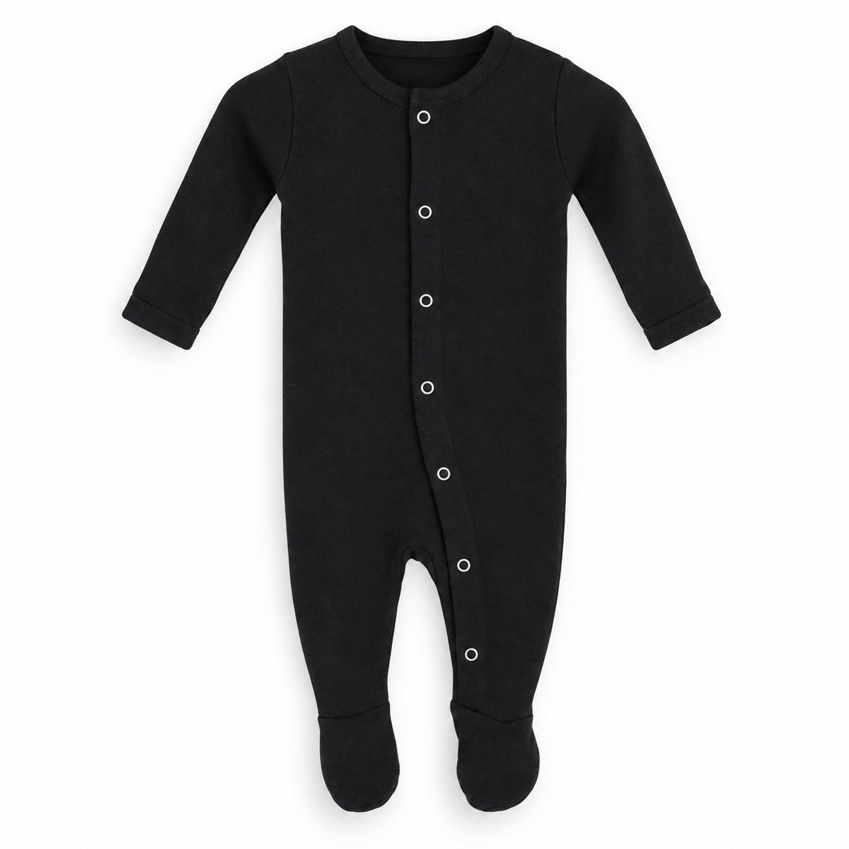 Organic black button footie, plain front studio view with seven snaps and covered feet
