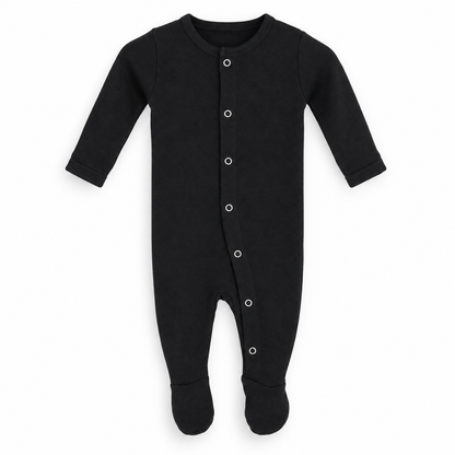 Organic black button footie, plain front studio view with seven snaps and covered feet