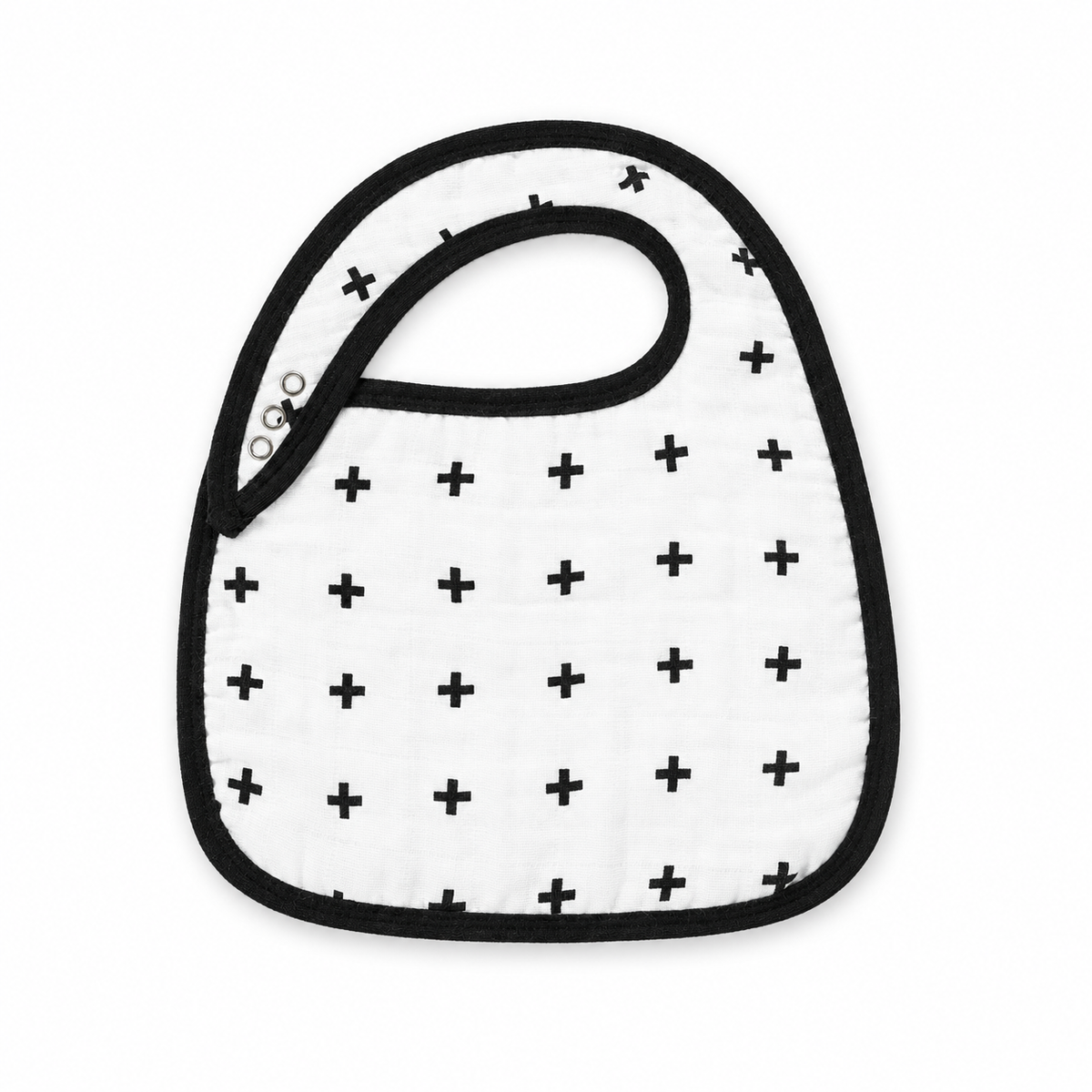 Swiss Cross organic muslin bib from Modern Burlap, front studio view on white.