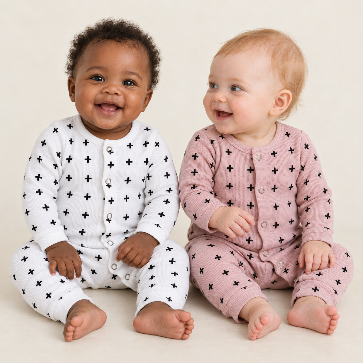 Two babies wearing white and pink Swiss Cross organic thermal coveralls with front snaps and bare feet.