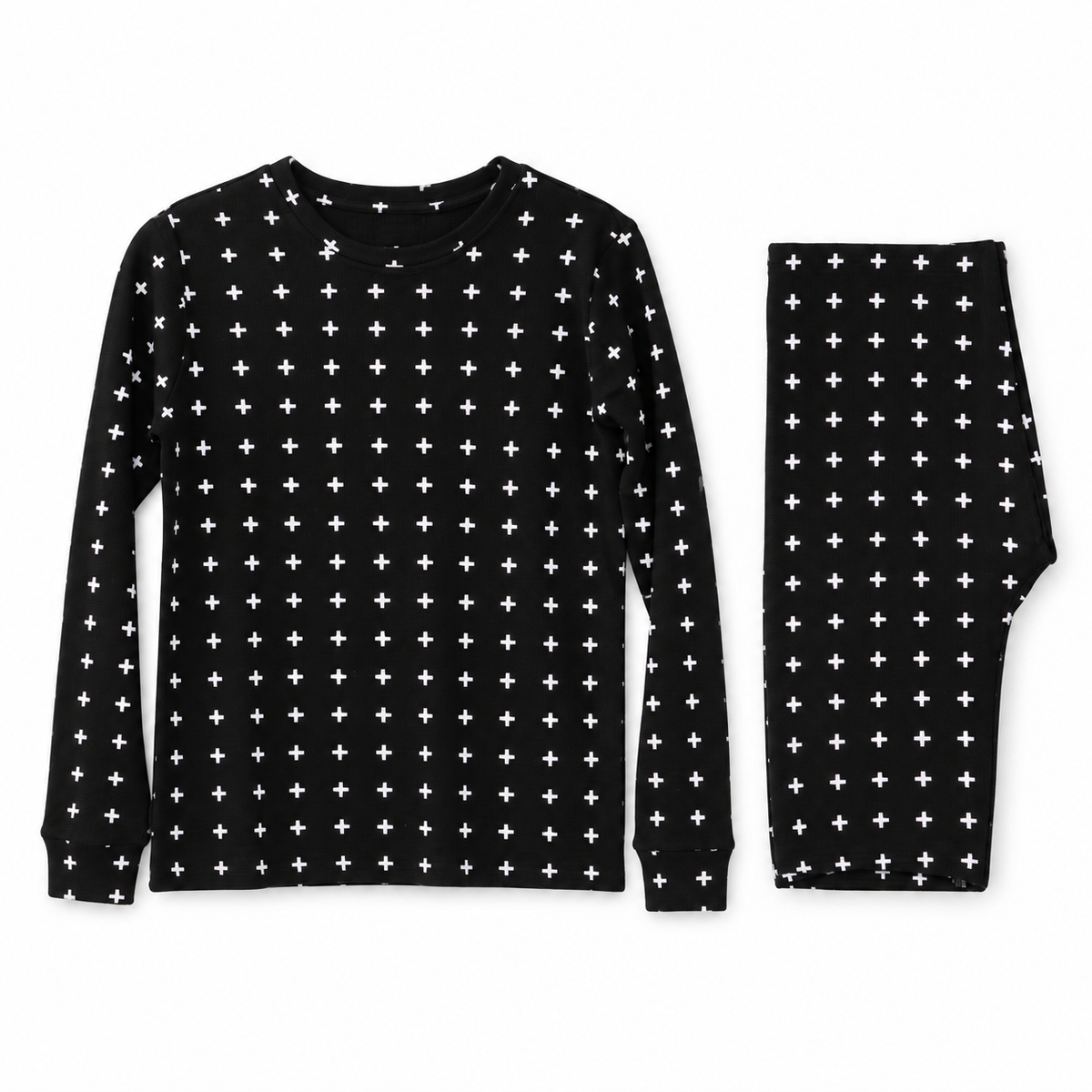 Black Swiss Cross thermal pajama set with long sleeve top and folded matching pants on white.