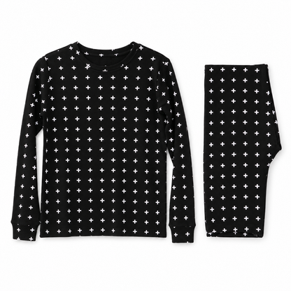 Black Swiss Cross thermal pajama set with long sleeve top and folded matching pants on white.