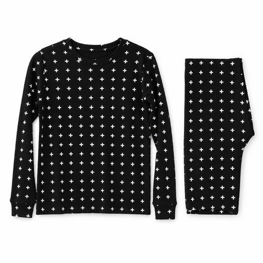 Black Swiss Cross thermal pajama set with long sleeve top and folded matching pants on white.