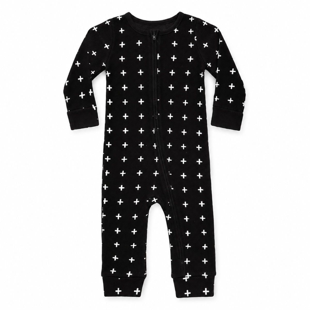 Black Swiss Cross organic thermal zip coverall, full front view showing fine waffle knit, white crosses, long sleeves and open ankle cuffs.