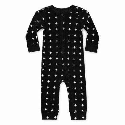 Black Swiss Cross organic thermal zip coverall, full front view showing fine waffle knit, white crosses, long sleeves and open ankle cuffs.