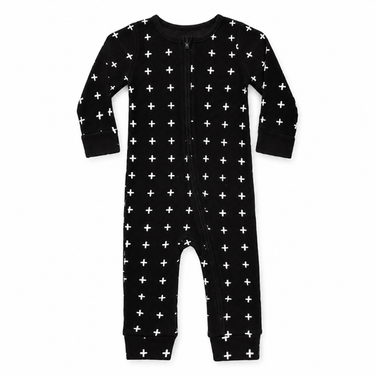 Black Swiss Cross organic thermal zip coverall, full front view showing fine waffle knit, white crosses, long sleeves and open ankle cuffs.